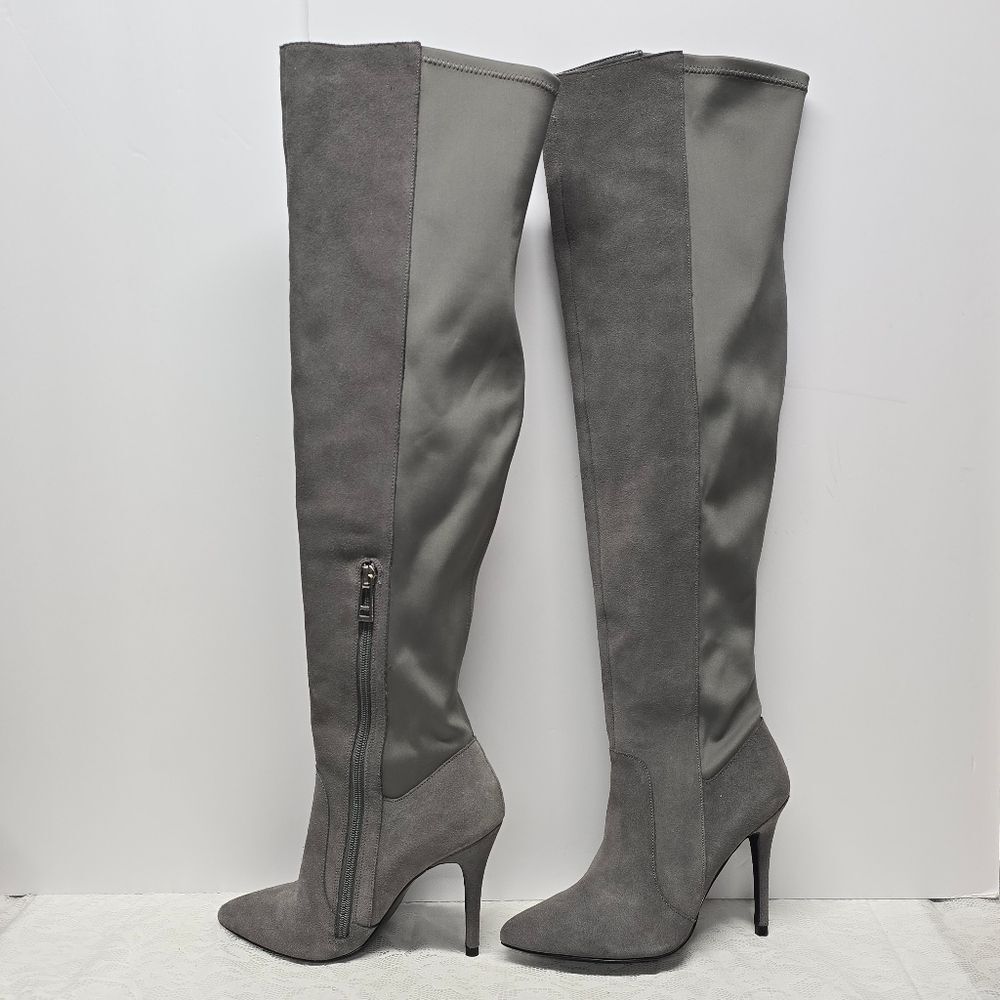 Charles David Gray Genuine Suede Stretch Over The Knee Heeled Boots 6 NEW Defect